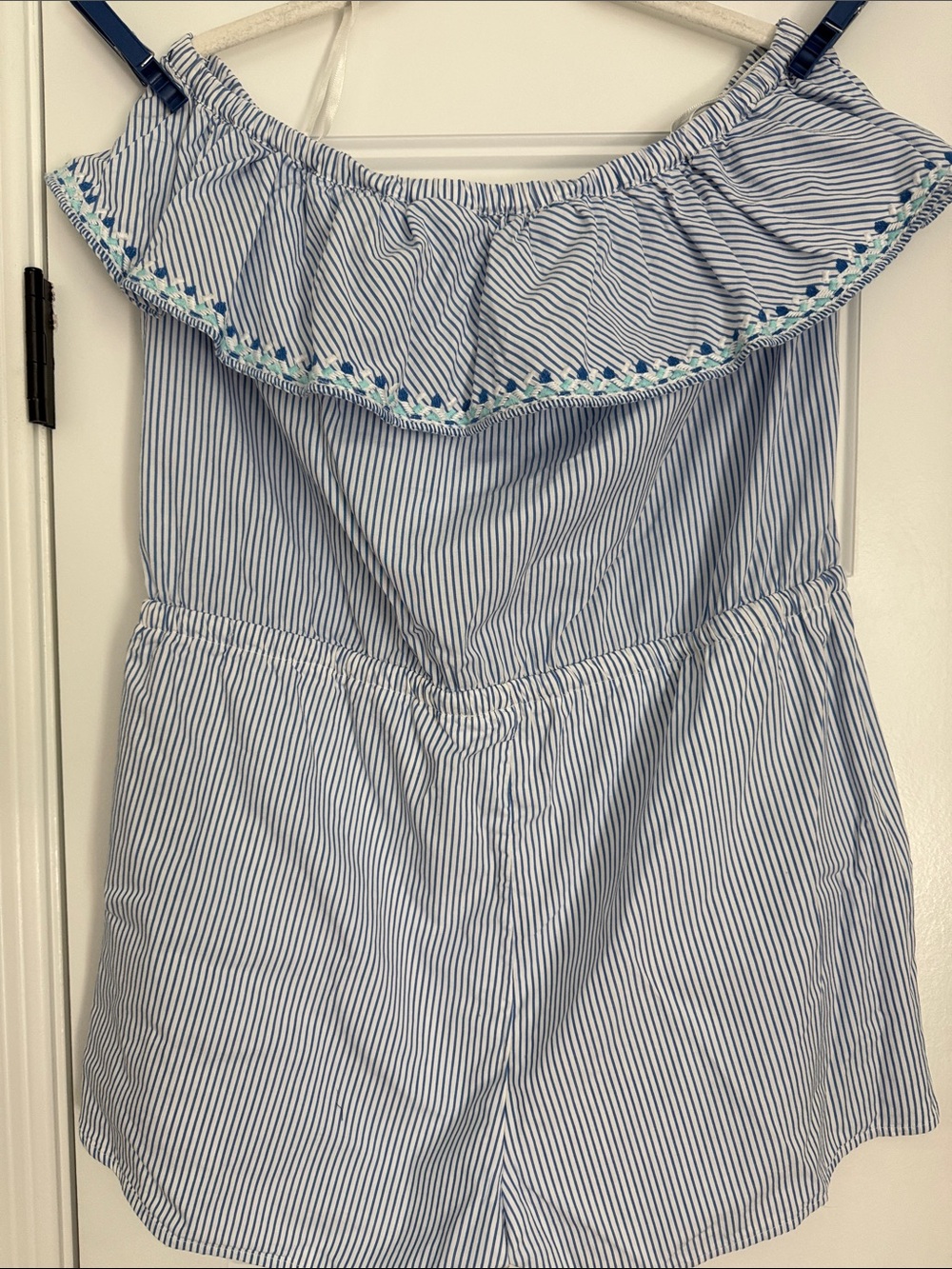 Vineyard Vines Blue & White Striped Off-Shoulder Romper with Tassels - Picture 3 of 3